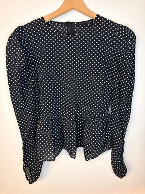 English Factory Black and White Polka Dot Peplum Top w/ Ruched Sleeves, Size XS